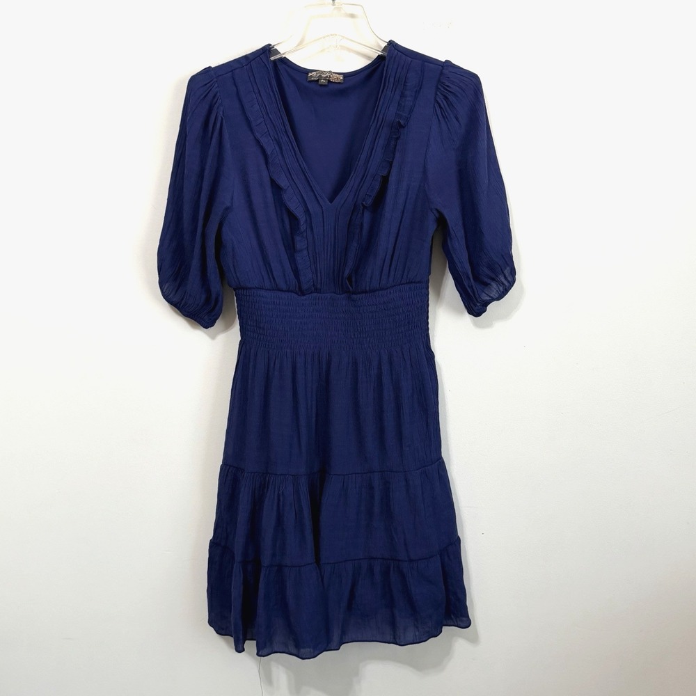 J Gee‎ Dress L Petite Ruffle Front Smocked Waist Blue Short Sleeve Lined Party